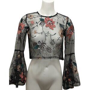 Womens Whimsigoth Sheer Flared Sleeve Boho Fairy Grunge Embroidered Sz Small Top